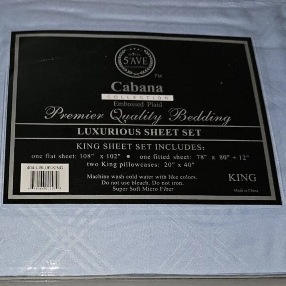 NEW Hotel 5th Ave Cabana Embossed Plaid Blue King Sheet Set Flat Fitted PCx2